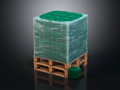 Fresh Green Fruits Packed in Transparent Plastic Film Stacked on Wooden Pallet with Individual Unit 3d model