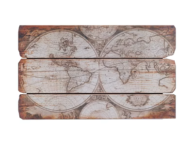 Vintage Wooden Wall Decor With Distressed World Map Print On Planks 3d model