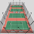 Outdoor Badminton Courts With Green Surface Red Borders Fencing And Lighting For Fitness