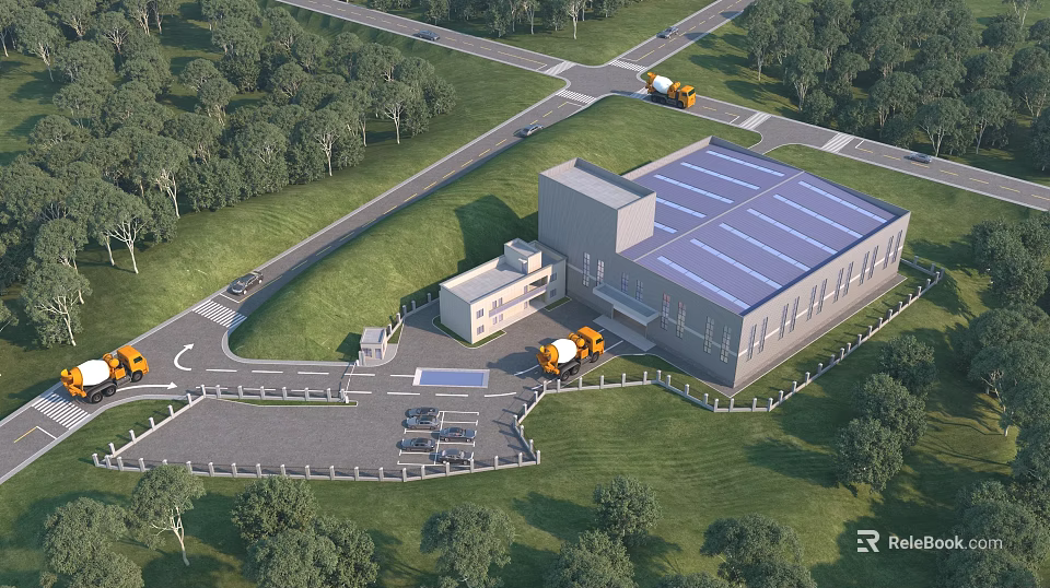 Industrial Factory With Blue Roof Greenery Parking Lot Adjacent Building And Yellow Trucks 3d model 