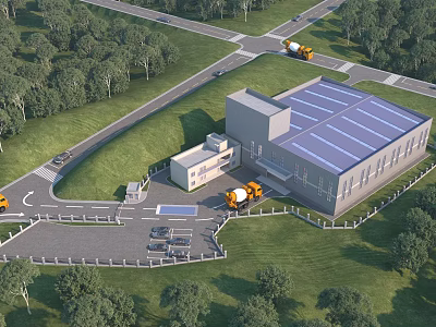 Industrial Factory With Blue Roof Greenery Parking Lot Adjacent Building And Yellow Trucks 3d model