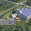 Industrial Factory With Blue Roof Greenery Parking Lot Adjacent Building And Yellow Trucks