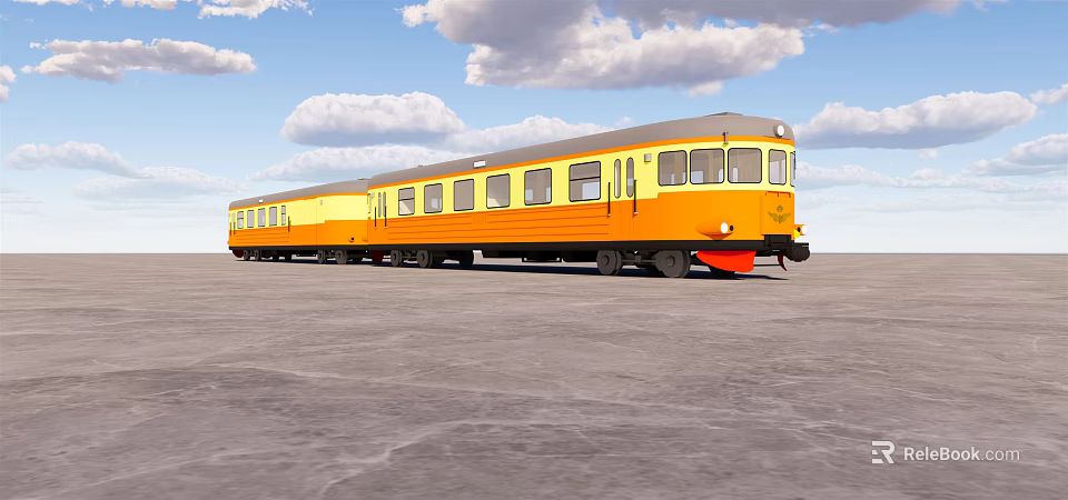 Yellow Passenger Train With Multiple Carriages Under Blue Sky And White Clouds 3d model 