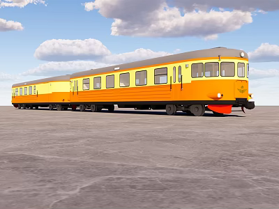 Yellow Passenger Train With Multiple Carriages Under Blue Sky And White Clouds 3d model