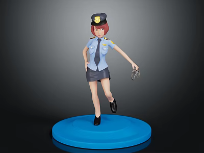 Vibrant Red Haired Police Officer Character With Short Skirt Handcuffs And Blue Base Doll Figure 3d model