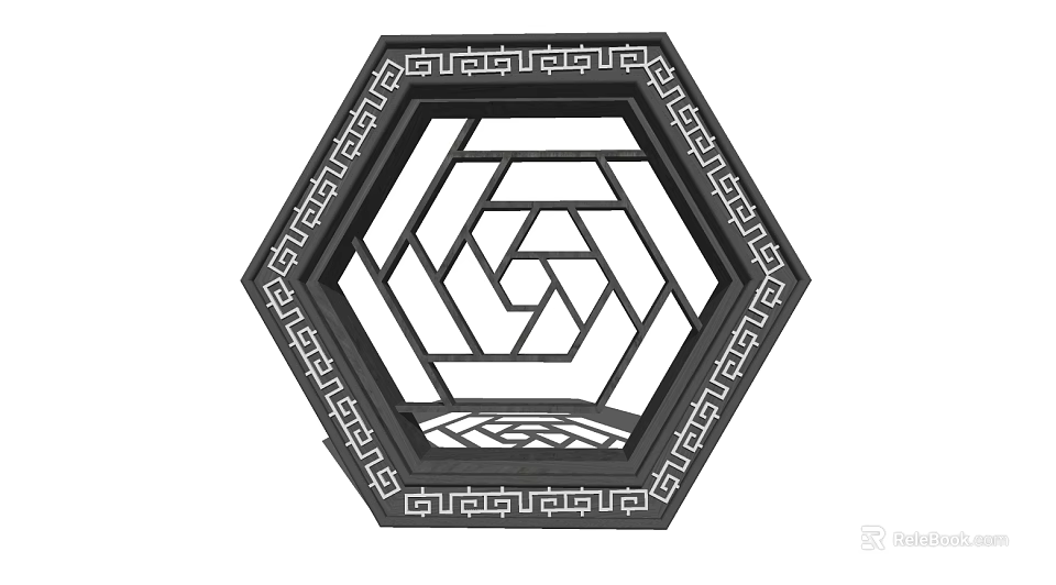 Intricate Hexagonal Carved Lattice Window with Geometric Patterns and Ornate Border Design 3d model 