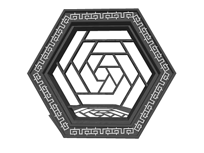 Intricate Hexagonal Carved Lattice Window with Geometric Patterns and Ornate Border Design 3d model