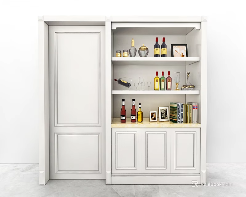 White Wine Cabinet With Multiple Shelves Holding Wine Bottles And Decorative Items 3d model 