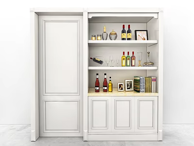 White Wine Cabinet With Multiple Shelves Holding Wine Bottles And Decorative Items 3d model