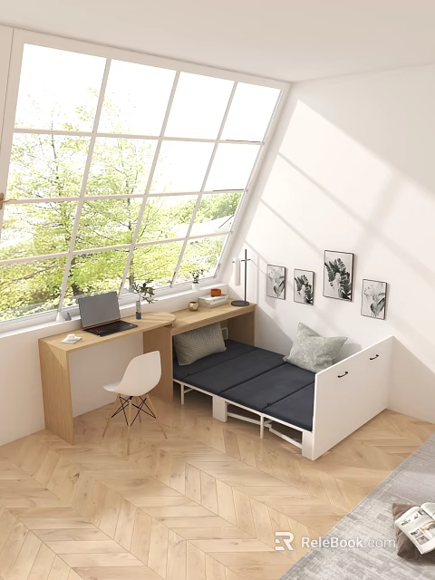 Cozy Functional Room Interior With Large Window Green Tree View Desk Laptop Sofa Bed 3d model 