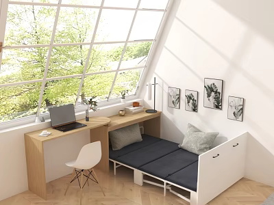 Cozy Functional Room Interior With Large Window Green Tree View Desk Laptop Sofa Bed 3d model