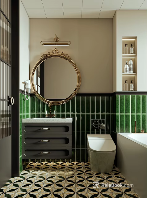 Elegant Bathroom Interior Design With Round Gold Frame Mirror Green Tiles Vanity And Bathtub 3d model 