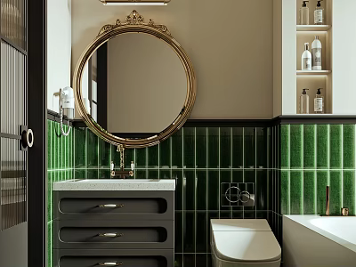 Elegant Bathroom Interior Design With Round Gold Frame Mirror Green Tiles Vanity And Bathtub 3d model