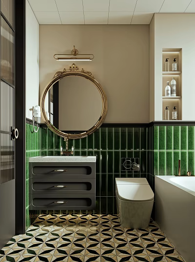 Elegant Bathroom Interior Design With Round Gold Frame Mirror Green Tiles Vanity And Bathtub 3d model