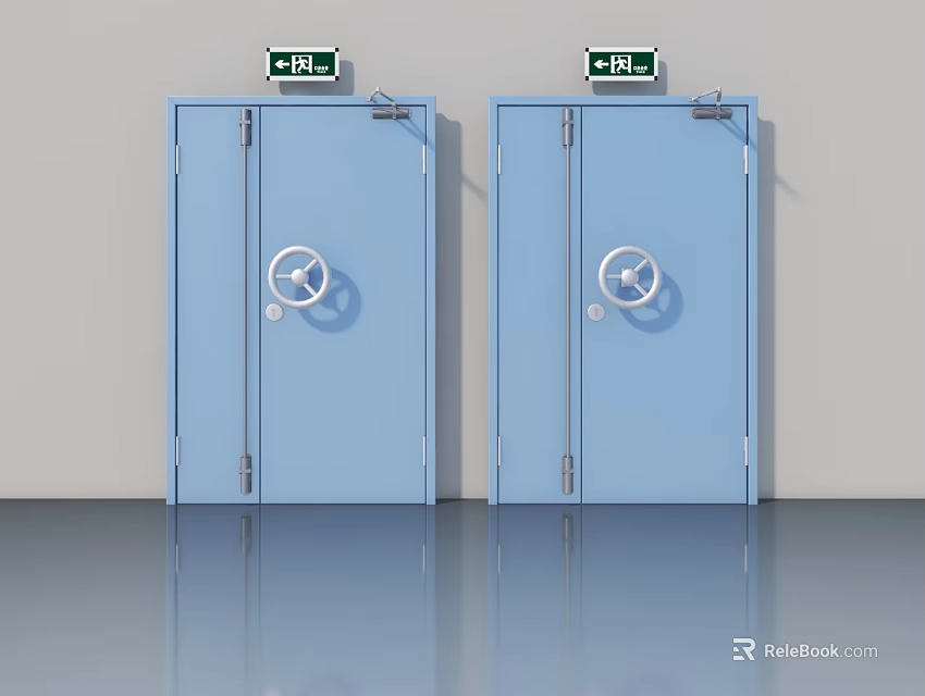 Two Blue Swing Doors With Round Handles And Exit Signs For Commercial Buildings 3d model 