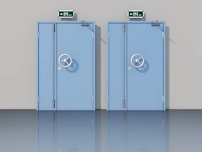 Two Blue Swing Doors With Round Handles And Exit Signs For Commercial Buildings 3d model