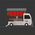 White Food Truck With Gray Roof Red Awning Takeout Sign And Wheels