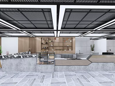 Contemporary Café Interior With Black Grid Ceiling Wooden Shelves And Geometric Floor Pattern 3d model