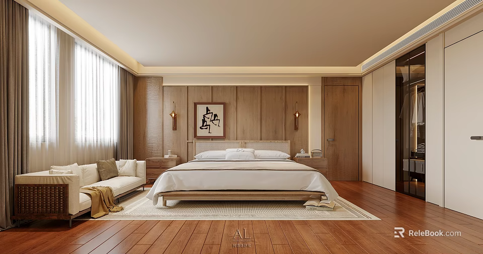 Modern Bedroom Interior Design With Wooden Walls Large Bed Soft Rug And Decorative Painting 3d model 