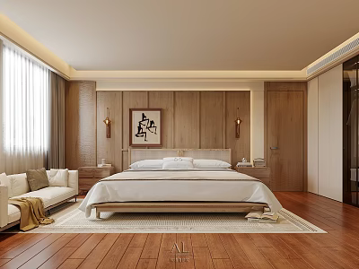 Modern Bedroom Interior Design With Wooden Walls Large Bed Soft Rug And Decorative Painting 3d model