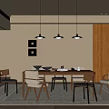 Modern Restaurant Interior with Dining Table Chairs Pendant Lights Wall Art Wooden Cabinet Window Plant
