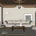 Modern Living Room Interior With Beige Sofa Wooden Coffee Table Chandelier And Black White Artwork