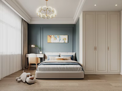 Bedroom Interior With Blue Walls Gold Chandelier White Bed Painting Wardrobe And Wooden Floor 3d model