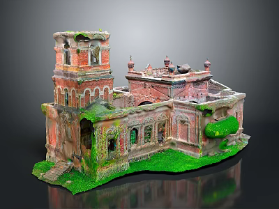 Ancient Ruined Red Brick Building Model Featuring Tower Arch Windows and Green Moss 3d model