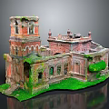 Ancient Ruined Red Brick Building Model Featuring Tower Arch Windows and Green Moss