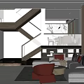 Modern Duplex Living Room Interior With TV Fireplace Staircase White Sofa And Red Chairs