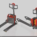Two Red and Gray Manual Hydraulic Pallet Trucks with Forks Handles and Hydraulic System