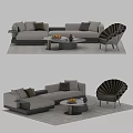Elegant Modern Sofa Coffee Table Set With Beige Pillows Shell Shaped Accent Chair 3d model