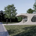 Modern Concrete Entrance Gate With Curved Design Large Windows And Green Grassland