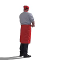 Man Wearing Red Cap And Red Apron With Blue Shirt Black Pants And Shoes