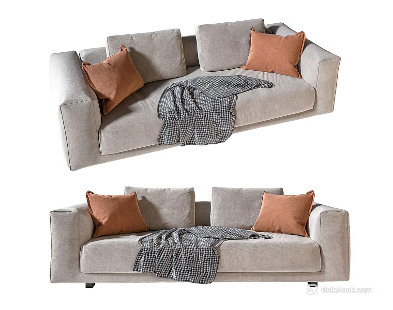 Light Gray Sectional Sofa With Brown Cushions And Gray Plaid Blanket 3d model