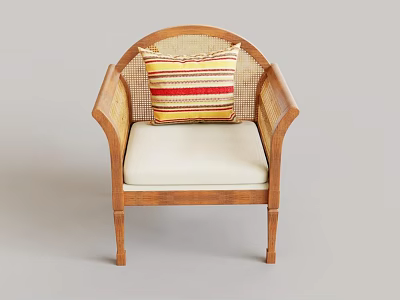 Stylish Lounge Chair with Wooden Frame Wicker Backrest and Colorful Striped Accent Pillow for Living Room 3d model