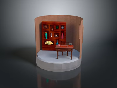 Traditional Chinese Display Scene With Wooden Cabinet Vases Tea Sets And Small Table 3d model