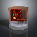 Traditional Chinese Display Scene With Wooden Cabinet Vases Tea Sets And Small Table