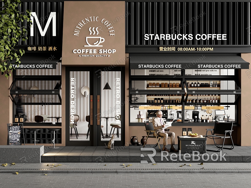 Modern Cafe Door Head Facade Outdoor Tables and Chairs Folding Window Shop Signs Awning model