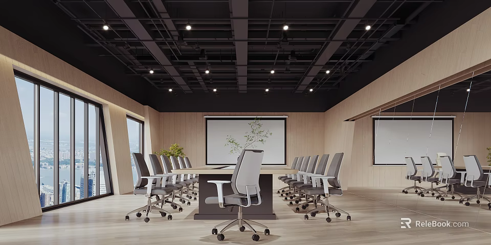 Modern Conference Room Interior With Long Table Office Chairs Projection Screen And Ceiling Lights 3d model 