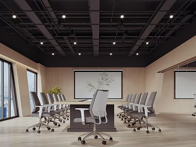 Modern Conference Room Interior With Long Table Office Chairs Projection Screen And Ceiling Lights 3d model