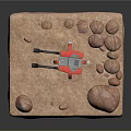 Detailed Red Mechanical Weapon with Tripod Stand on Rocky Sandy Base