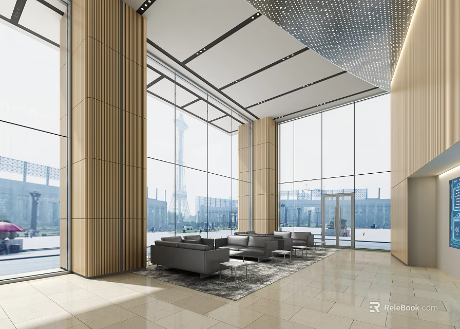 Elegant Modern Hotel Lobby Interior With Large Windows Plush Sofas And Marble Floors 3d model 
