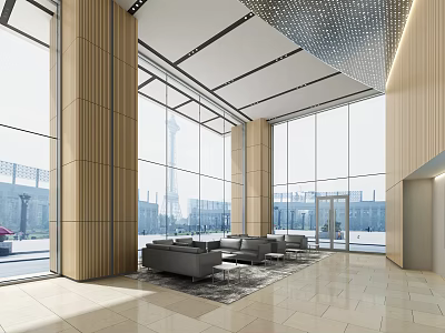 Elegant Modern Hotel Lobby Interior With Large Windows Plush Sofas And Marble Floors 3d model
