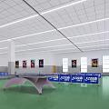 Indoor Table Tennis Fitness Space With Green Floor Blue Barriers And Bright Lighting