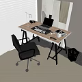 Modern Wooden Desk Interior With Black Chair Laptop Desk Lamp And Window Blinds