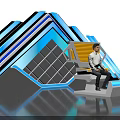 Person On Modern Chair In Blue Geometric Lighting Room With Triangles Lines And Reflective Floor