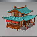 Traditional Chinese Two Story Building With Blue Roof Red Pillars And Ornate Design