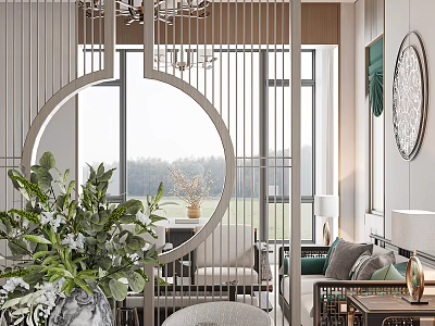 Modern Chinese Dining Living Room With Circular Slatted Partition Green Plants Chandelier And Sofa 3d model