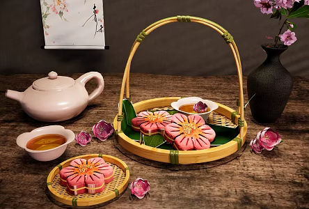 Food and Beverage Chinese Moon Cake Dessert Pastry Peach Blossom Cake Teapot Tea Cup Bamboo Dustpan Dessert Plate Peach Blossom Moon Cake Plate 3d model